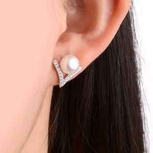 Silver V-shaped White Pearl & CZ Stud Earrings